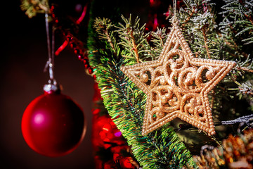 Decorative golden star on the christmas tree