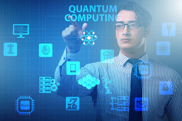Businessman pressing virtual button in quantum computing concept