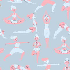 Vector Yoga Poses Seamless Repeat Pattern. Hand Drawn Vector Background.