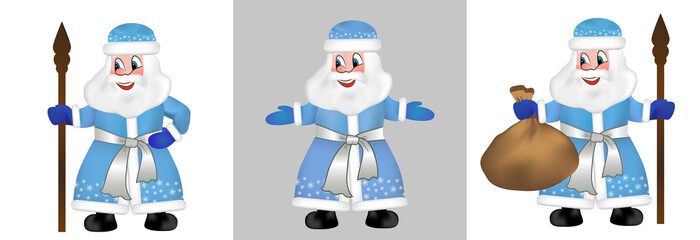 Fototapeta premium Set Russian Santa Claus or Father Frost also known as Ded Moroz in blue fur coat. Saint Nicholas, Saint Nick, Kris Kringle isolated. Funny New Year characters. Vector Illustration.