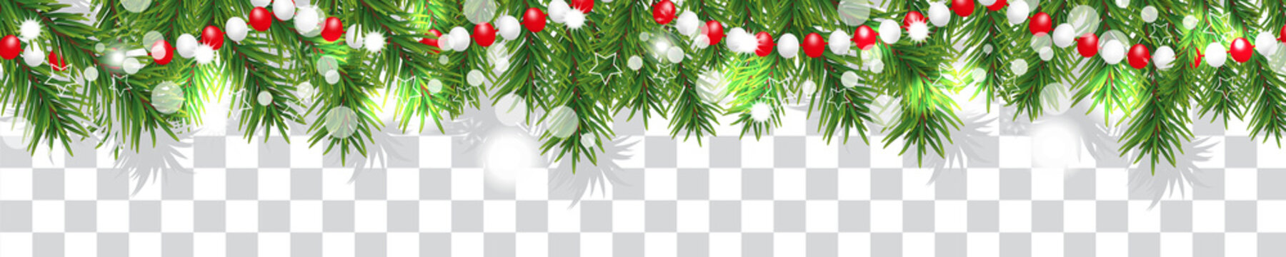 New Year and Christmas border garland of Christmas tree branches and beads on transparent background. Holidays decoration. Vector illustration.