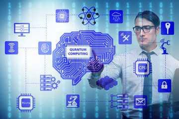 Businessman pressing virtual button in quantum computing concept