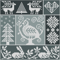 Seamless knitting pattern with bird, deer, fir, heart, rabbit, snowflake, and other winter elements. Gray and white Christmas knitted background in the scandinavian style. Holiday design. Vector - 234431173
