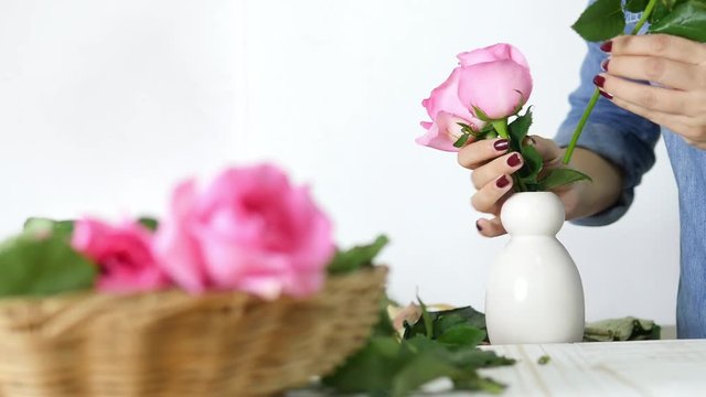 Girl putting pink roses in to white vase happily