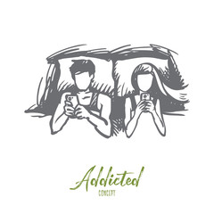 Couple, bed, smartphone, addicted concept. Hand drawn isolated vector.