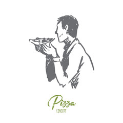 Pizza, food, man, snack concept. Hand drawn isolated vector.