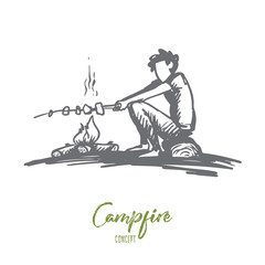 Boy, campfire, summer, rest, scout concept. Hand drawn isolated vector.