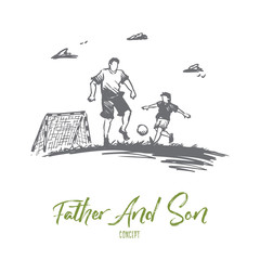 Father, football, son, play, parent concept. Hand drawn isolated vector.