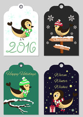 Fototapeta premium 4 Christmas gift tags with hand drawn birds. Set of printable holiday label, ready to use. Collection of New Year and Christmas pattern. Merry Christmas, Happy New Year design, vector illustration