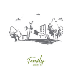 Family, activity, dad, child, pushup concept. Hand drawn isolated vector.