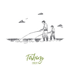 Fishing, river, father, son, catch concept. Hand drawn isolated vector.