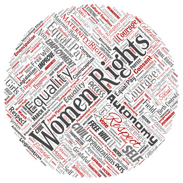 Vector conceptual women rights, equality, free-will round circle red word cloud isolated background. Collage of feminism, empowerment, opportunities, awareness, courage, education, respect concept