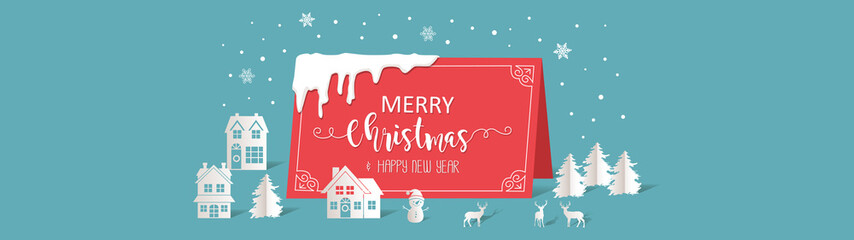 Fototapeta na wymiar Merry Christmas and Happy New Year. Greeting card with paper art style concept.