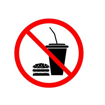 No food and drinks sign. Silhouette hamburger in red circle. Sign no meal on white background. Label no eating. Symbol forbidden fast food for poster,banner. Mark warning. Flat vector illustration.
