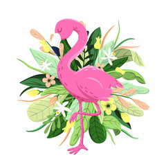 Pink flamingo standing among tropical flowers and leaves. Exotic bird illustration, summer style design. Trendy fashion round print with adorable hand drawn animal and floral elements. Vector