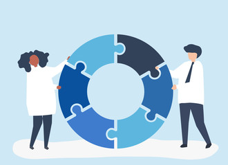 People carrying jigsaw pieces of a donut chart