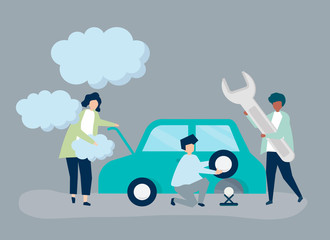 People exchanging a car tire