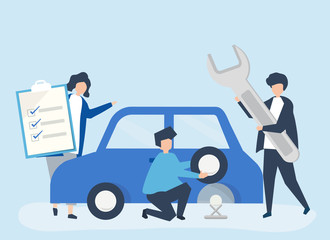 People exchanging a car tire