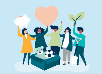 People volunteering and donating money and items  to a charitable cause