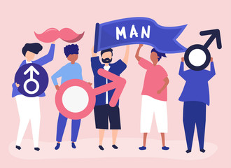 Characters of men holding masculine icons