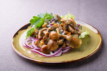 Pickled mushrooms served with onion and parsley
