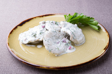 Salted mushrooms served with sour cream