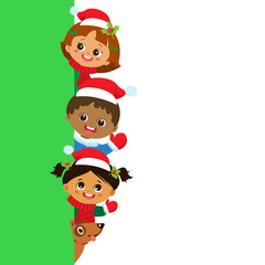 Children And Greeting Christmas And New Year Banner, Multicultural Kids In Christmas Costume Characters Celebrate, Cute Little Christmas Children's Collection, Happy New Year, Vector.