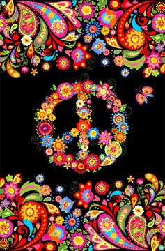 T shirt print on black background with vivid floral decorative seamless border and hippie peace flowers symbol