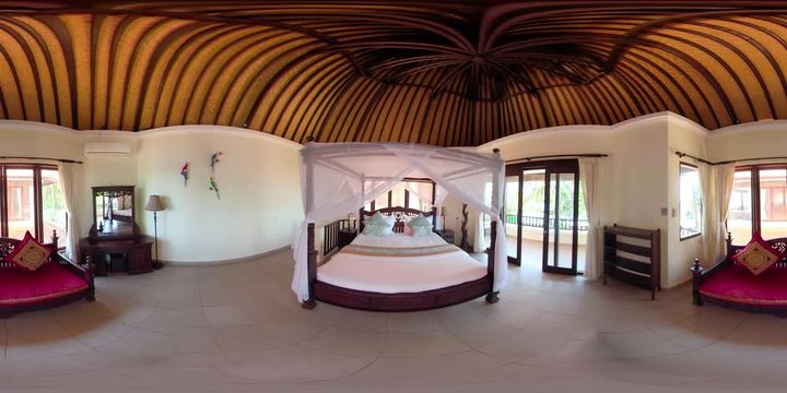 vr360 bedroom interior with large bed in luxury hotel. Hotel room Interior travel concept.