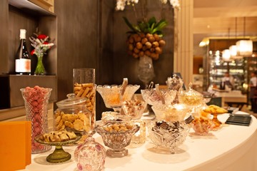 Selection of tasty and delicious cookies and candies made by pastry chef. Sweets heaven. Good for Petit four, afternoon tea or high tea party. Ready for Christmas and Happy New Year celebration.