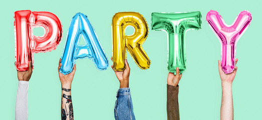 Hands showing party balloons word