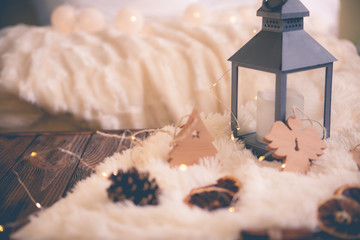 Christmas festive decor still life on wooden background, concept of home comfort and holiday