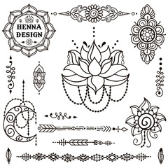 Vector set of henna tattoo. Mehndi ornaments. Hand drawn henna elements, such as flower, lotus, mandala, tribal elements, crescent moon, and others. Doodle collection