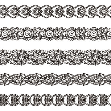 Set of ornamental seamless borders. Hand drawn collection of abstract floral elements in the ethnic style. Indian, arabic, asian motif. Vector illustration