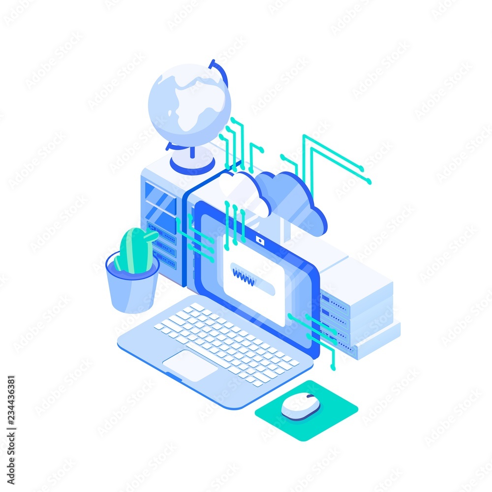 Aufkleber Laptop computer, stack of servers and globe. Web or internet hosting technology, online website support service, cloud computing and storage. Creative colorful isometric vector illustration.