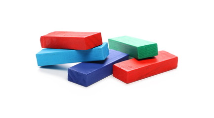 Wooden colorful building blocks for children, tower games isolated on white background