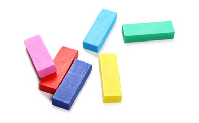 Wooden colorful building blocks for children, tower games isolated on white background