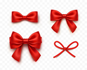 Bows set isolated on transparent background. Vector Christmas red satin ribbons and string bow, xmas wrap elements with shadow.
