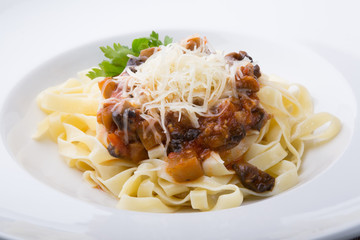 Pasta served with cheese and eggplant