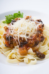 Pasta served with cheese and eggplant