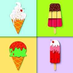 Set of colorful ice cream, realistic paper. Modern material design icons. Trendy food background, digital art. Vector ice cream illustration
