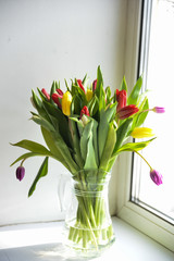 Floral background: bouquet of multicolored tulips in a glass vase on a light background, blank, mocap for mother's day greetings, international women's day