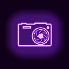Illustration of photo camera icon with lens aperture. Outline style