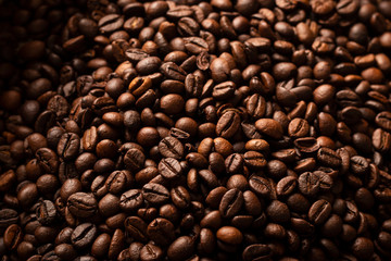 Close-up view from above of freshly roasted coffee beans