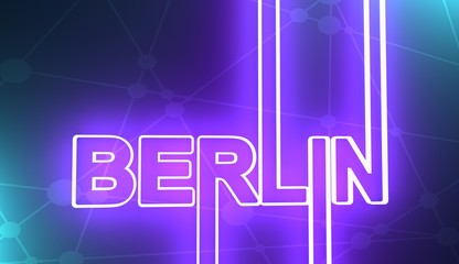 Image relative to Germany travel theme. Berlin city name in geometry style design. Creative vintage typography poster concept. Neon bulbs letters. 3D rendering