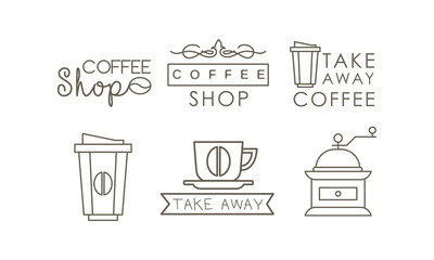 Coffee line icons set, takeaway coffee cup, grinder, labels and badges vector Illustration on a white background