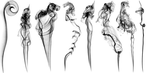 Graphic set of various smoke stream with beautiful curls isolated on white background