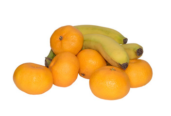  ripe tangerines and bananas isolated on white background