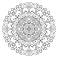 Vector mandala with a combination of floral, wavy and geometric motifs. Black mandala in the indian, asian, african, arabic style. Outline mandala design. Henna ornament. Coloring book mandala. 