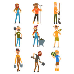 Smiling farmers set, cheerful gardeners characters at work, farming and agriculture vector Illustration on a white background
